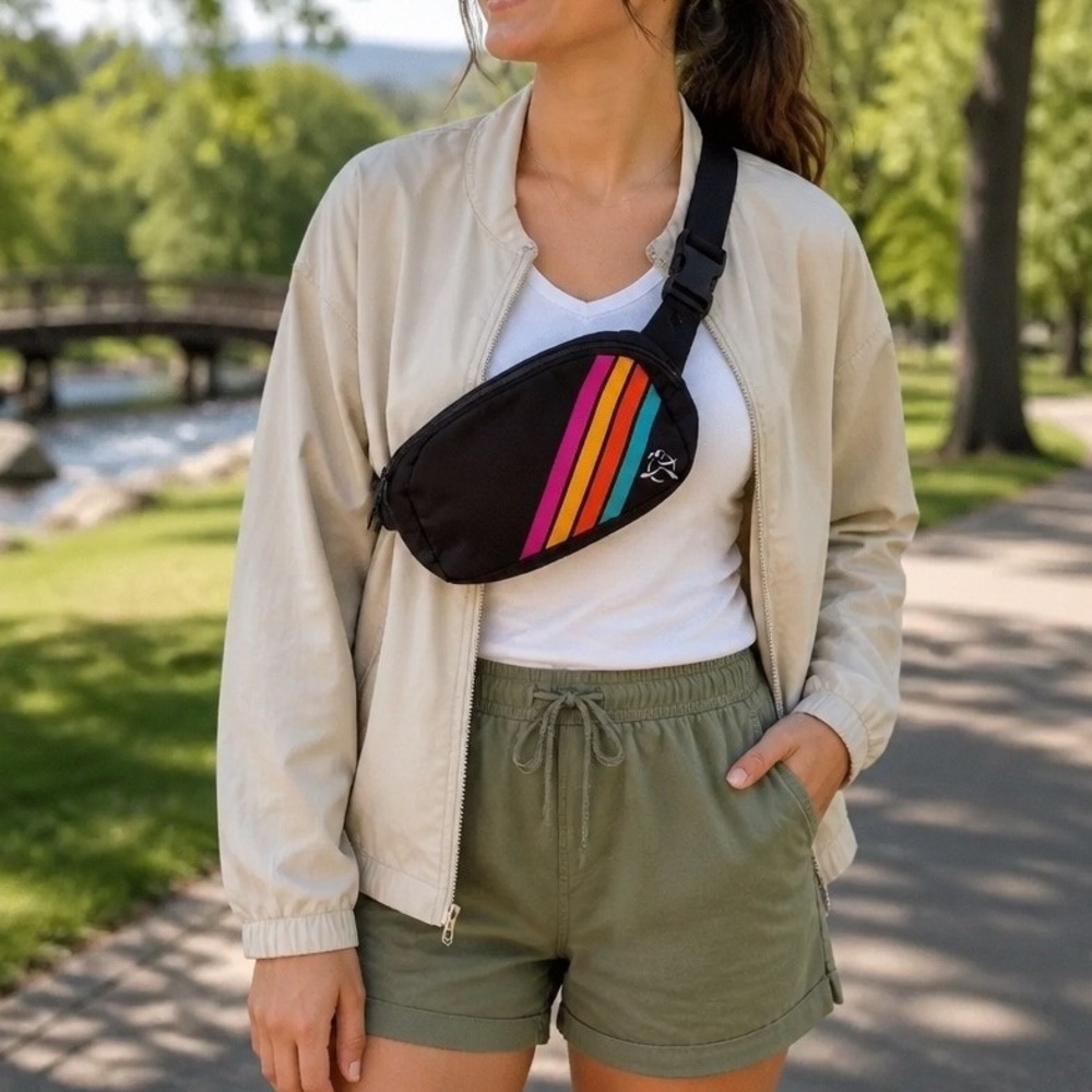 BOCO Gear Waist Pack Women OS Black Retro Rainbow Stripe Sporty Belt Bag Fanny